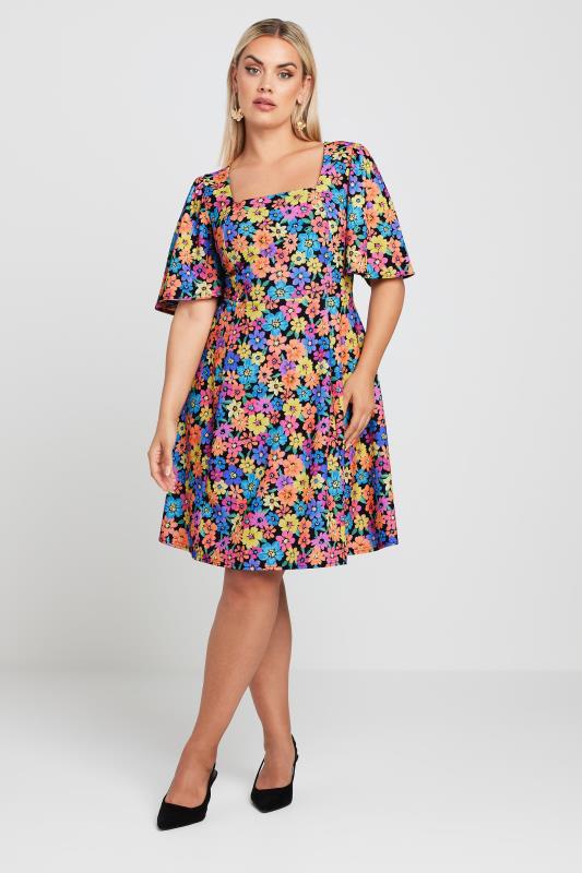  Grande Taille LIMITED COLLECTION Curve Black Floral Print Angel Sleeve Mini Dress