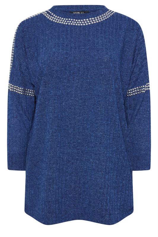 YOURS Plus Size Blue Stud Neckline Embellished Jumper | Yours Clothing 5