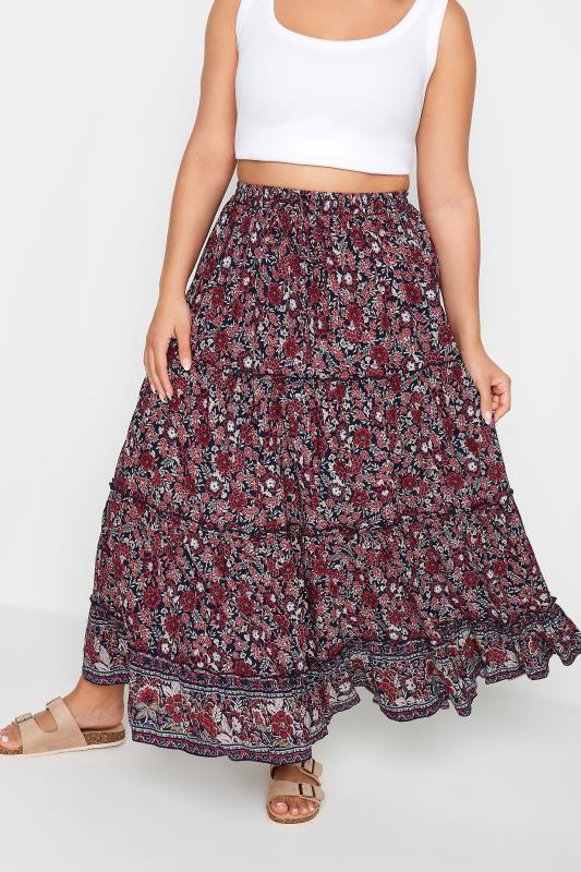 YOURS Plus Size Red Floral Print Tiered Maxi Skirt | Yours Clothing 2