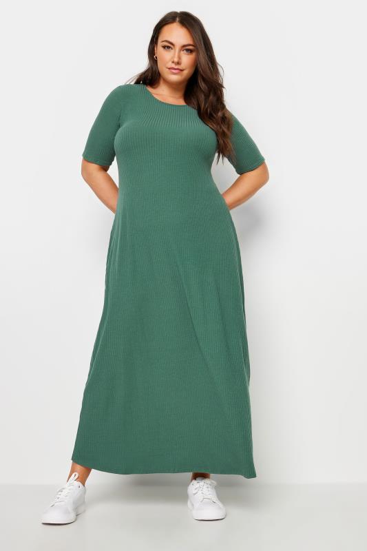 YOURS Plus Size Green Ribbed Swing Maxi Dress | Yours Clothing 2