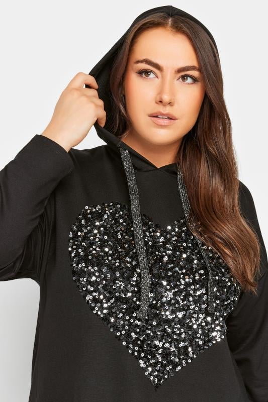 YOURS Plus Size Black Sequin Embellished Heart Longline Hoodie | Yours Clothing 4