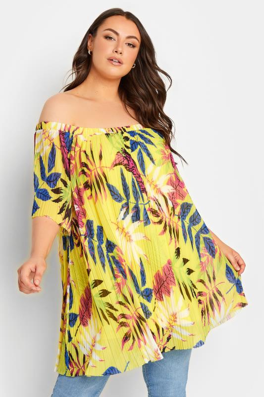  Tallas Grandes YOURS Curve Yellow Tropical Print Double Layer Mesh Top