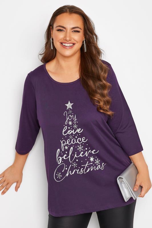 Curve Purple 'Joy, Love, Peace' Slogan Christmas T-Shirt | Yours Clothing 1