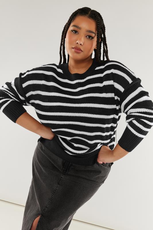 YOURS Plus Size Black Stripe Drop Shoulder Knitted Jumper | Yours Clothing 1