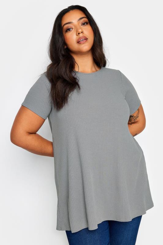 YOURS Plus Size Grey Ribbed Swing Top | Yours Curve 1