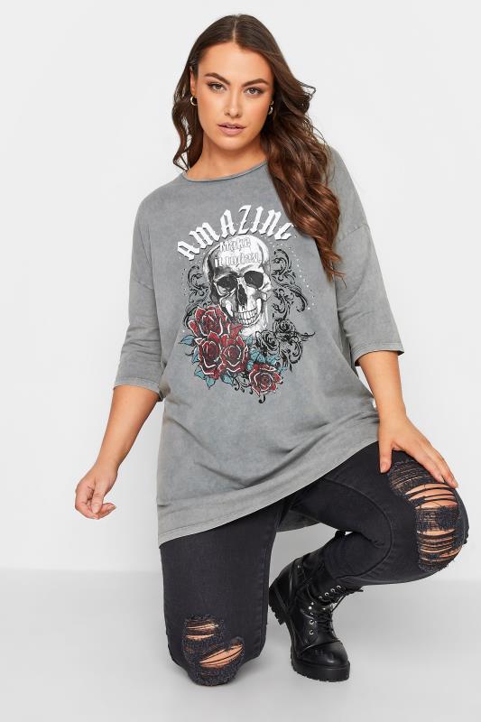 Plus Size Grey 'Amazing' Skull Graphic Printed T-Shirt | Yours Clothing 1