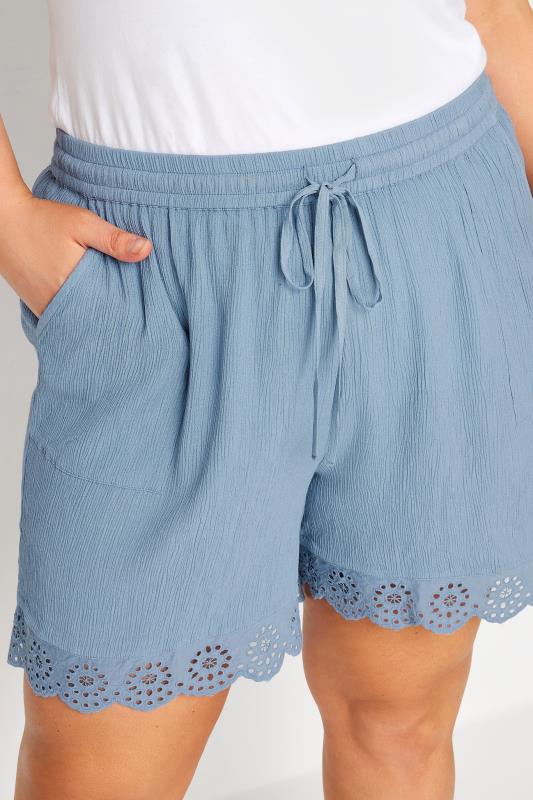 YOURS Plus Size Blue Broderie Anglaise Scalloped Shorts | Yours Clothing 1