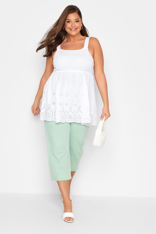 Plus Size White Shirred Broderie Anglaise Vest Top | Yours Clothing 2