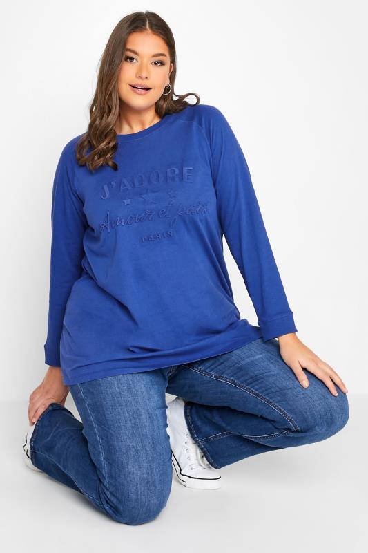 Plus Size Cobalt Blue 'J'adore' Embossed Raglan T-Shirt | Yours Clothing 2