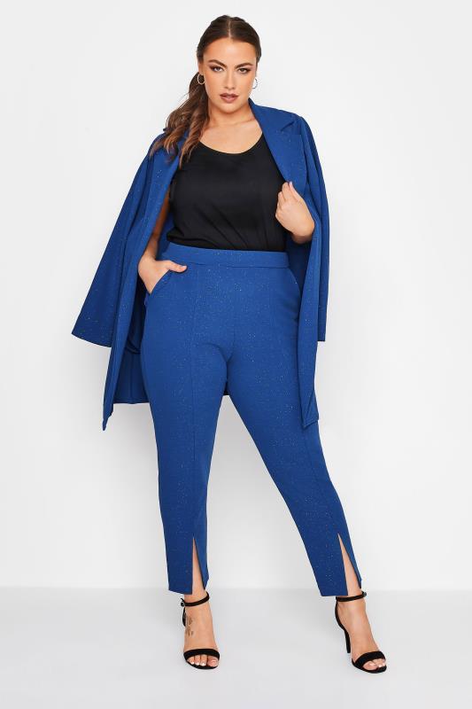 LIMITED COLLECTION Plus Size Cobalt Blue Glitter Split Hem Tapered Trousers | Yours Clothing 2