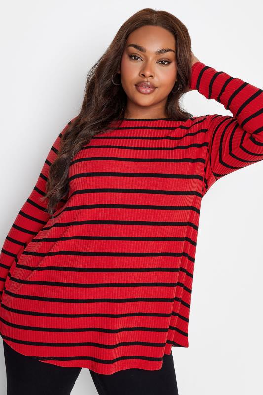  YOURS Curve Red Stripe Print Ribbed Swing Top