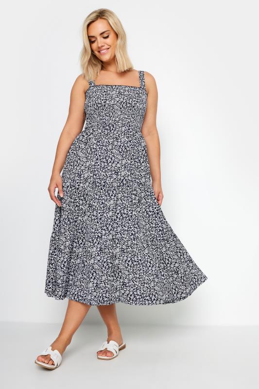 YOURS Plus Size Navy Blue Ditsy Floral Print Shirred Midi Dress | Yours Clothing 1
