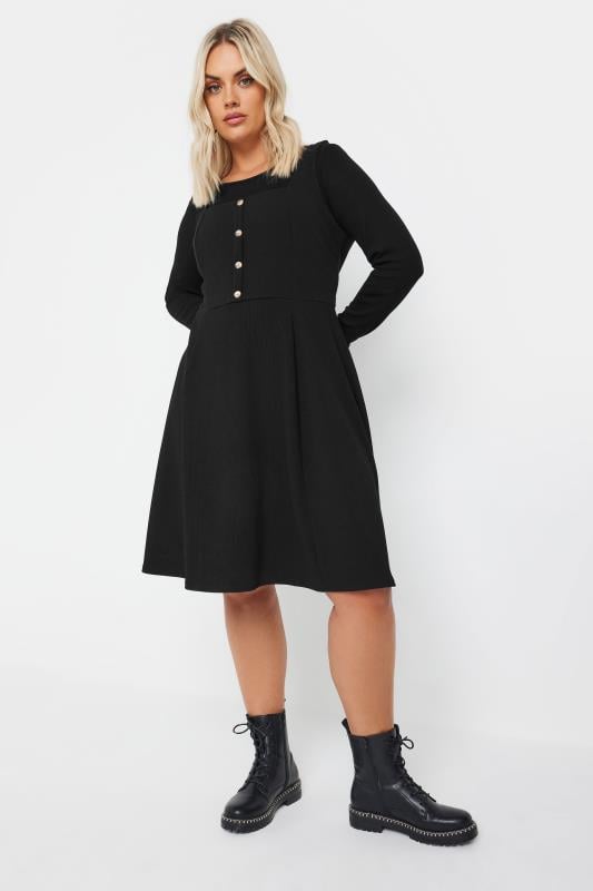 YOURS Plus Size Black Button Front Textured Pinafore Dress | Yours Clothing 2