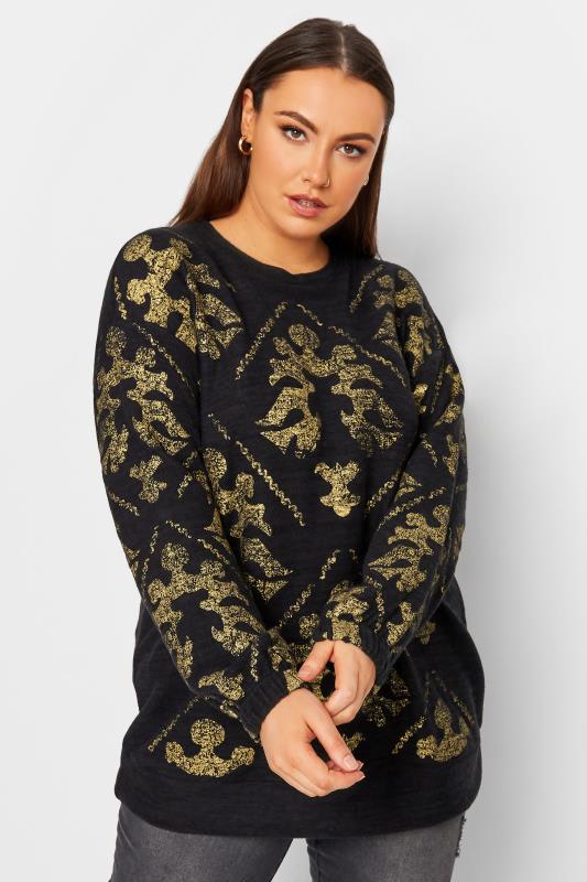 YOURS LUXURY Plus Size Curve Black & Gold Filigree Print Soft Touch Jumper | Yours Clothing 1