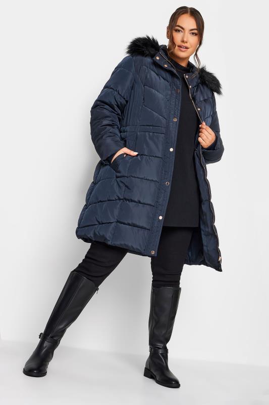 YOURS Plus Size Navy Blue Midi Puffer Coat | Yours Clothing 1