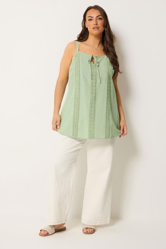 YOURS Plus Size Green Crochet Linen Cami Vest Top | Yours Clothing 1