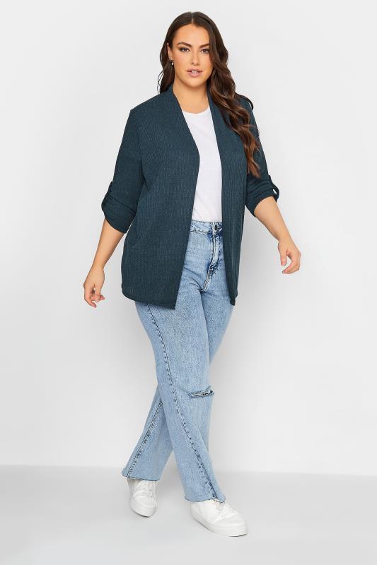 Curve Plus Size Navy Blue Ribbed Cardigan | Yours Clothing  2