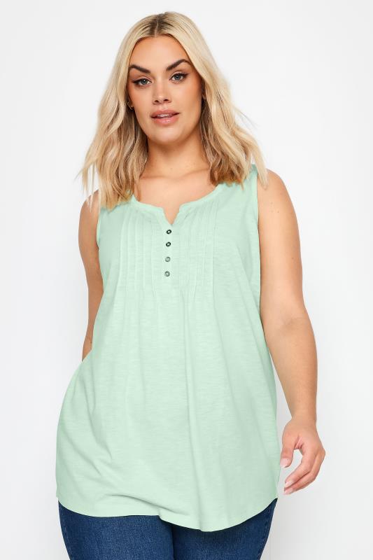 YOURS Plus Size Light Green Pintuck Henley Vest Top | Yours Clothing 1