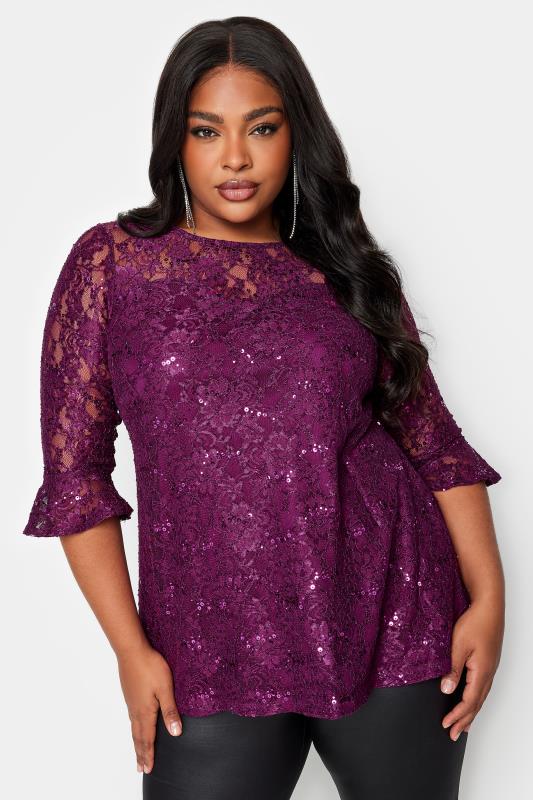 YOURS Plus Size Purple Lace Sequin Embellished Swing Top | Yours Clothing 1