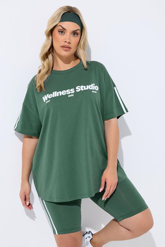 YOURS ACTIVE Plus Size Green 'Wellness Studio' T-Shirt | Yours Clothing 1