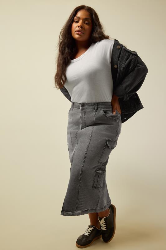  Tallas Grandes YOURS Curve Grey Zip Pocket Denim Maxi Skirt
