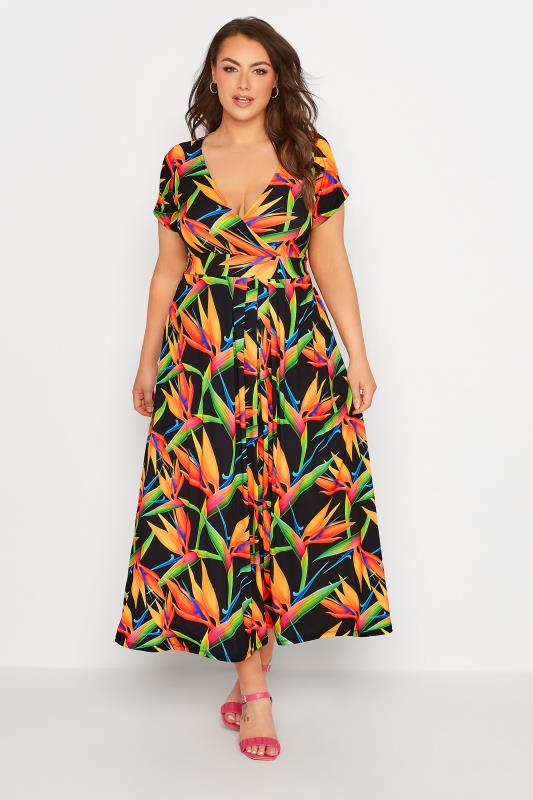 Curve Black Tropical Print Maxi Wrap Dress 2