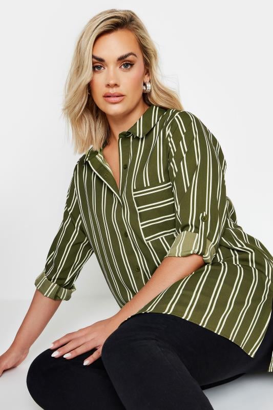 Plus Size  YOURS Curve Khaki Green Stripe Print Boyfriend Shirt