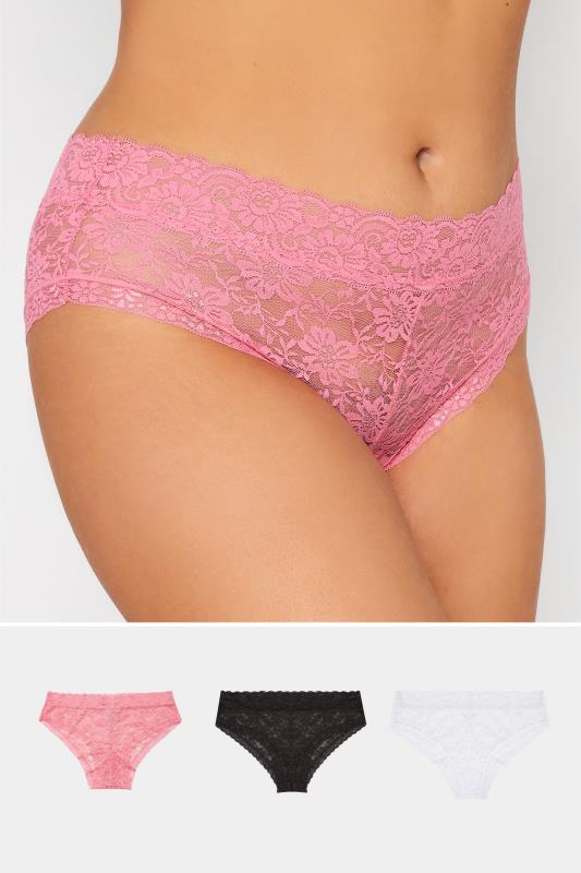 3 PACK Black & Pink Lace Low Rise Brazillian Knickers | Yours Clothing  1