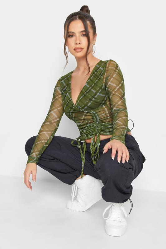 Petite Green Checked Ruched Front Wrap Top | PixieGirl  1