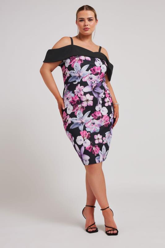 YOURS LONDON Plus Size Pink Floral Print Bardot Shift Dress | Yours Clothing 1