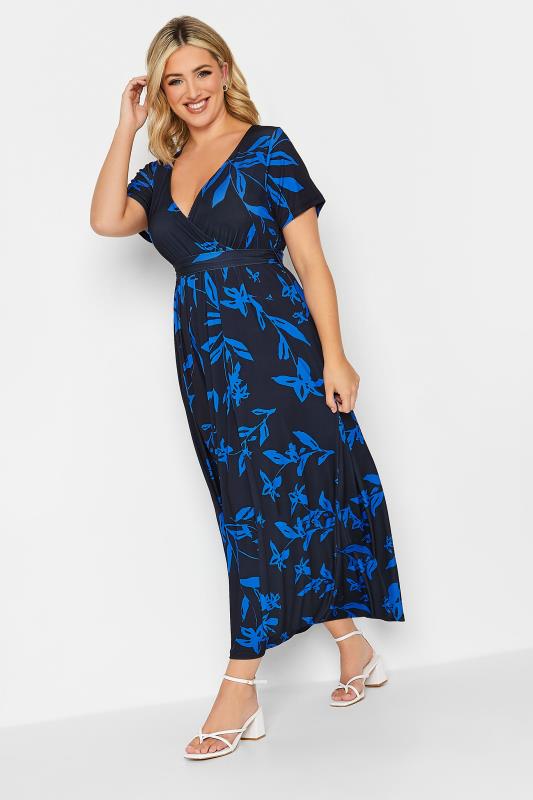 YOURS Curve Plus Size Cobalt Blue Leaf Print Maxi Wrap Dress | Yours Clothing  1