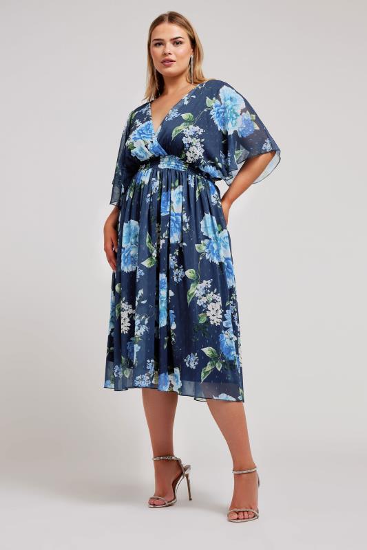  Tallas Grandes YOURS LONDON Curve Navy Blue Floral Print Wrap Midi Dress