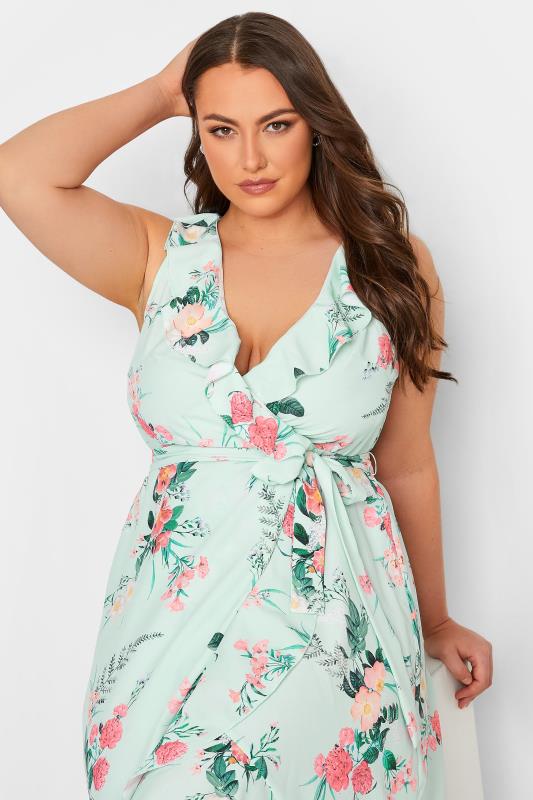 YOURS LONDON Plus Size Green Floral Print Double Ruffle Wrap Dress | Yours Clothing 4