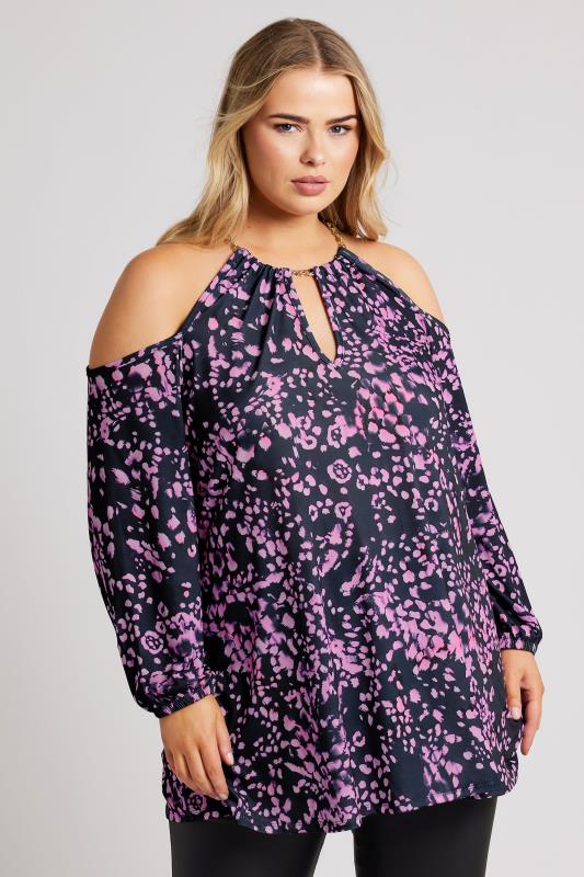 YOURS LONDON Plus Size Purple Animal Print Cold Shoulder Top | Yours Clothing 2