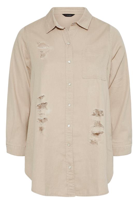 Plus Size Beige Brown Distressed Denim Shirt | Yours Clothing 6