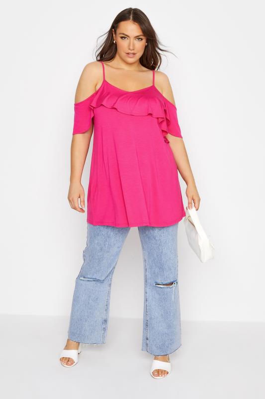 Plus Size Hot Pink Frill Cold Shoulder Top | Yours Clothing 2