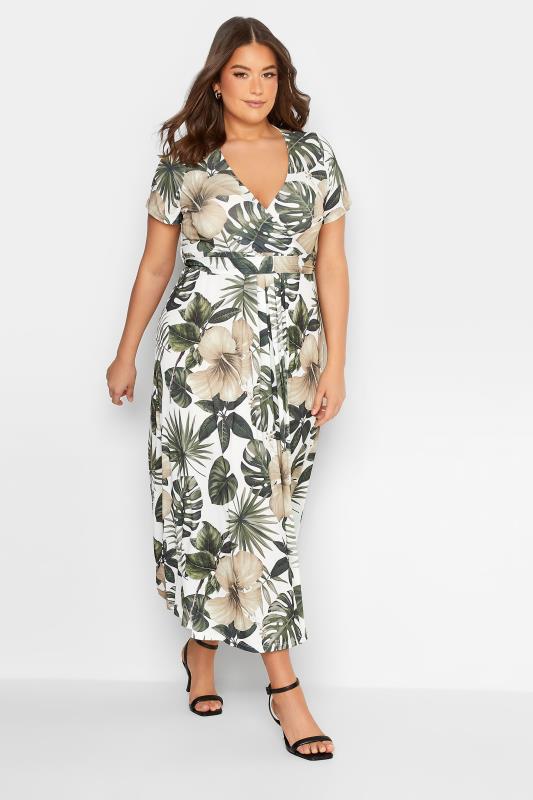 YOURS Curve Plus Size White Tropical Leaf Print Wrap Dress | Yours Clothing  1