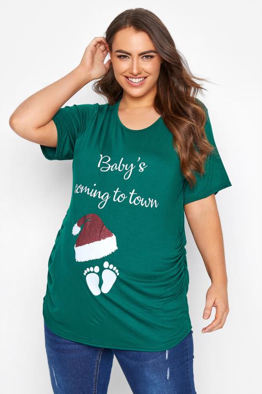 Plus Size  BUMP IT UP MATERNITY Green 'Baby's Coming To Town' Glitter Christmas T-Shirt