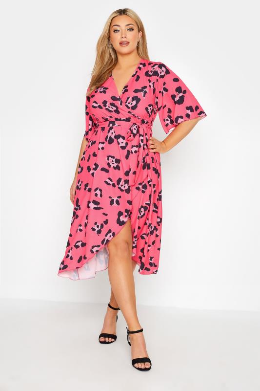 Plus Size  YOURS LONDON Curve Bright Pink Leopard Print Midi Wrap Dress