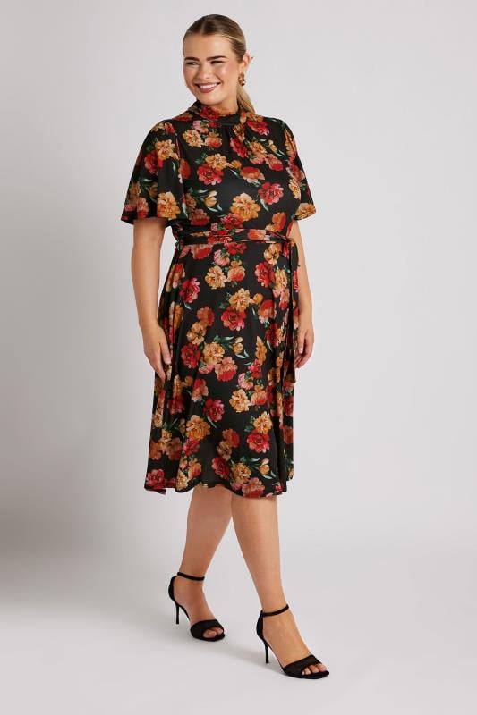 YOURS LONDON Plus Size Black & Orange Floral Print Skater Dress | Yours Clothing  4