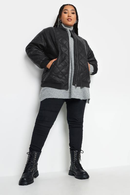 YOURS Plus Size Curve Black Quilted Faux Leather Bomber Jacket | Yours Clothing  4