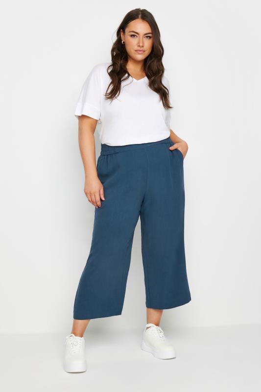 YOURS Plus Size Navy Blue Wide Leg Cropped Linen Trousers | Yours Clothing  2