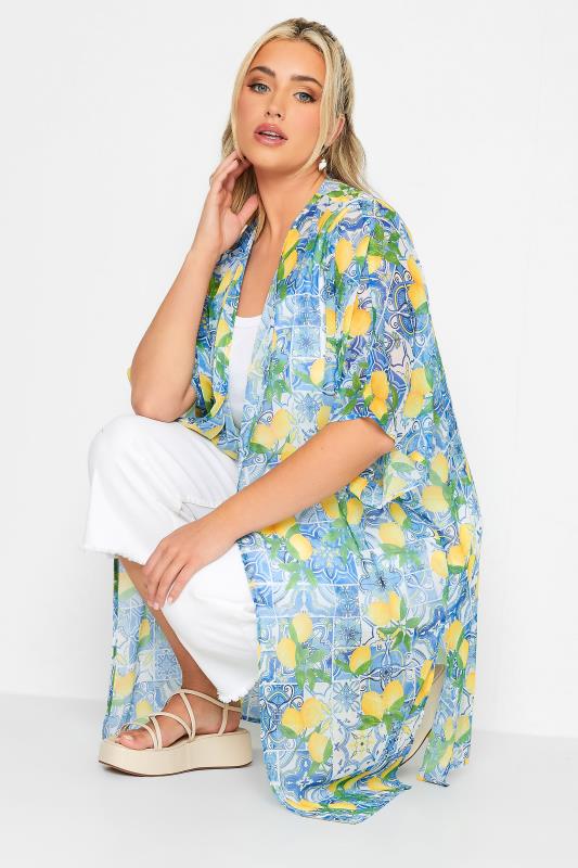 LIMITED COLLECTION Plus Size Blue Lemon Print Beach Kimono | Yours Clothing 7