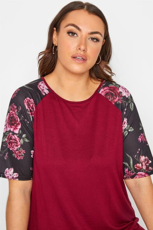 Curve Berry Red Floral Raglan Sleeve T-Shirt 4