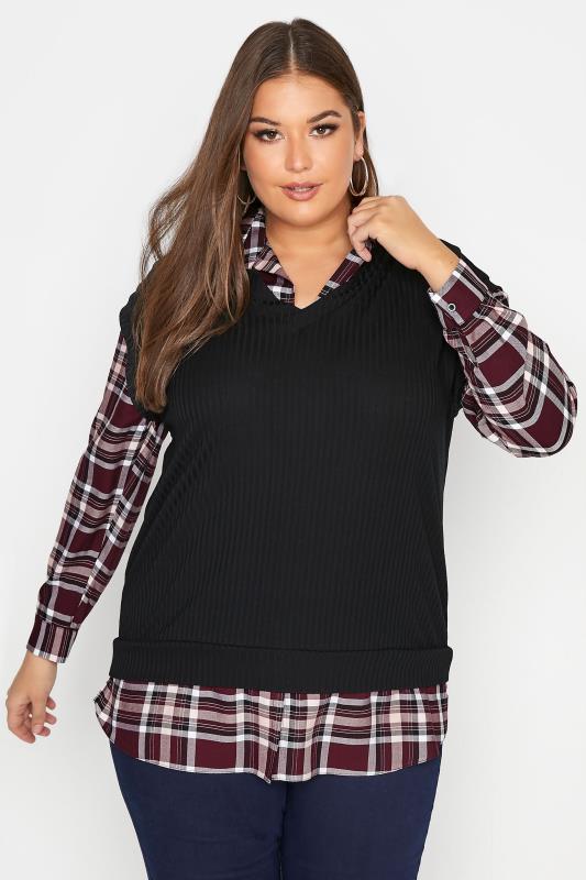 Plus Size YOURS LONDON Curve Black 2 In 1 Knitted Jumper Shirt | Yours Clothing 1