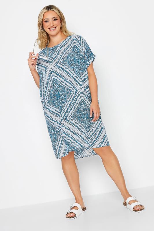 YOURS Plus Size Blue Tile Print Tunic Dress | Yours Clothing 2