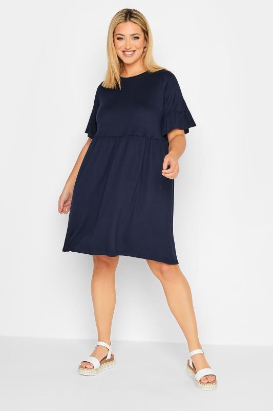 YOURS Plus Size Navy Blue Frill Sleeve Smock Dress | Yours Clothing 2