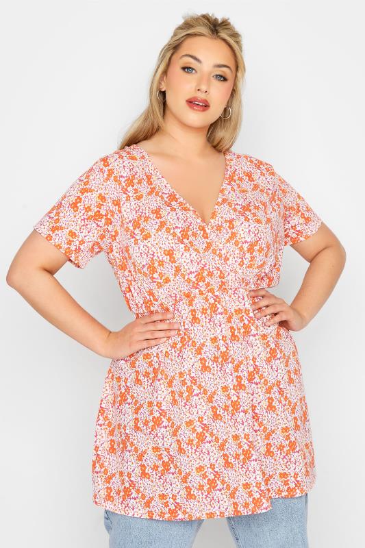 LIMITED COLLECTION Plus Size Orange Floral Tie Back Top | Yours Clothing 1