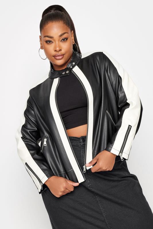 YOURS Plus Size Black Faux Leather Contrast Stripe Biker Jacket | Yours Clothing 1
