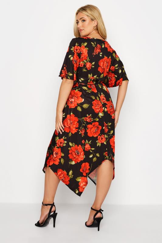 YOURS LONDON Plus Size Black & Red Floral Hanky Hem Dress | Yours Clothing 3